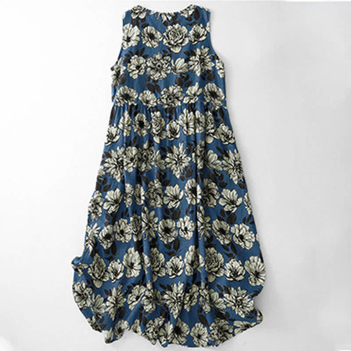 Buddha Stones Summer Large Floral Crew Neck Women's Sleeveless Below Knee Dress With Pockets - RoyalBlue - US12，UK/AU16，EU44 (2XL) - image 0