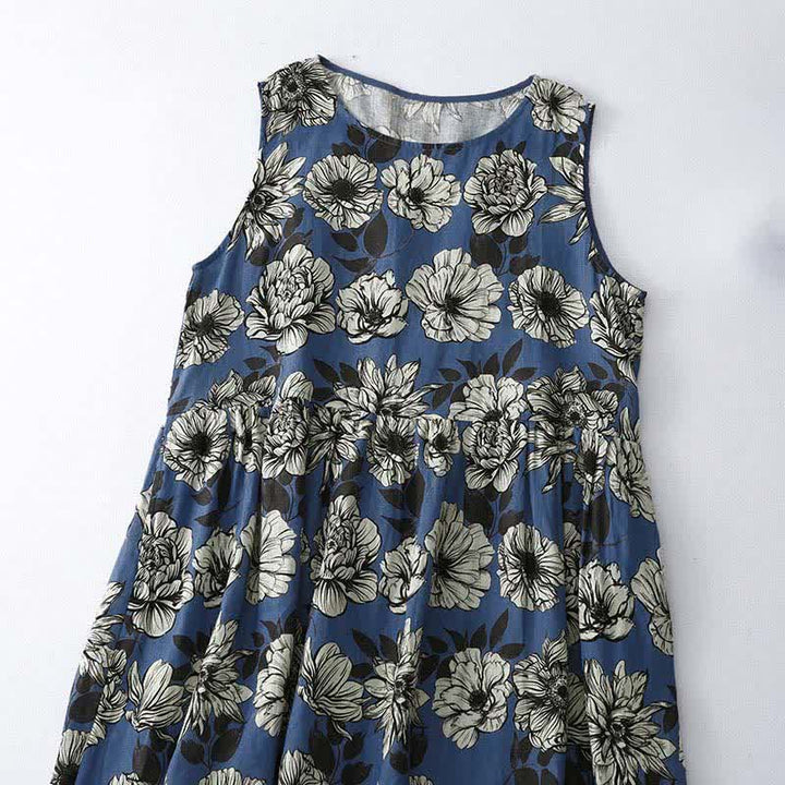 Buddha Stones Summer Large Floral Crew Neck Women's Sleeveless Below Knee Dress With Pockets - image 1