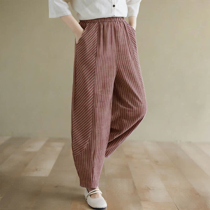 Buddha Stones Summer Casual Striped Linen Cotton Women's Tapered Pants With Pockets - image 11