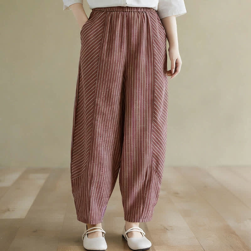 Buddha Stones Summer Casual Striped Linen Cotton Women's Tapered Pants With Pockets - IndianRed - US8-10，UK/AU12-14，EU40-42 (2XL) - image 10