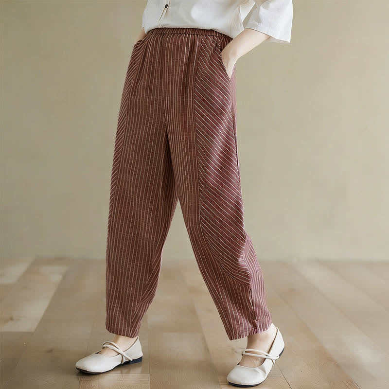Buddha Stones Summer Casual Striped Linen Cotton Women's Tapered Pants With Pockets - image 14