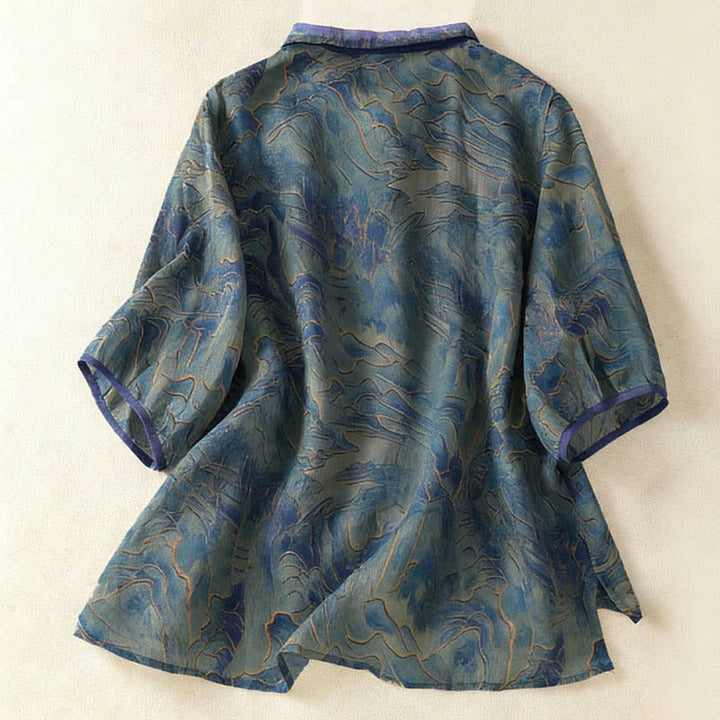 Buddha Stones Summer Floral Print Button Up Mandarin Collar Chiffon Women's Elbow-Length Sleeve Shirt - image 1