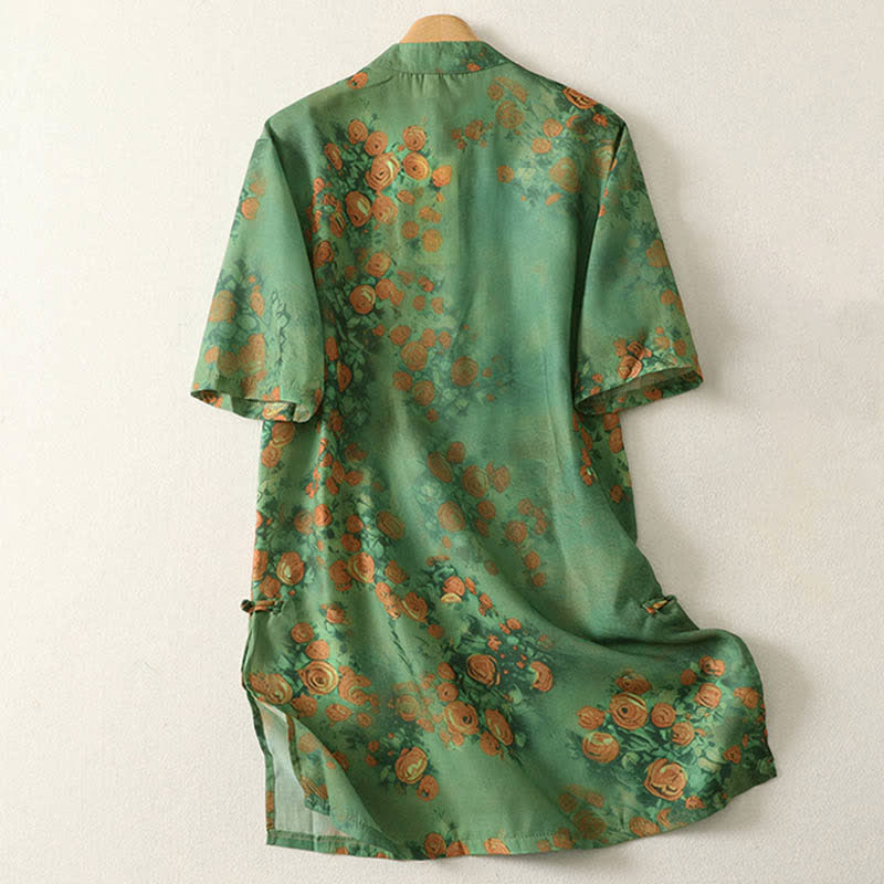 Buddha Stones Summer Floral Print Mandarin Collar Frog Button Women's Short Sleeve Mini Dress - image 1