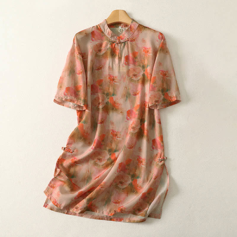 Buddha Stones Summer Floral Print Mandarin Collar Frog Button Women's Short Sleeve Mini Dress - Coral - US8-10，UK/AU12-14，EU40-42 (2XL) - image 7
