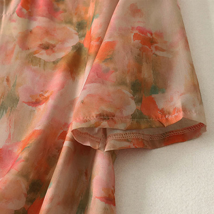 Buddha Stones Summer Floral Print Mandarin Collar Frog Button Women's Short Sleeve Mini Dress - image 11