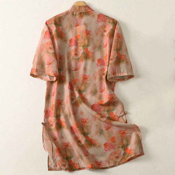 Buddha Stones Summer Floral Print Mandarin Collar Frog Button Women's Short Sleeve Mini Dress - image 8