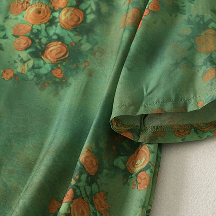 Buddha Stones Summer Floral Print Mandarin Collar Frog Button Women's Short Sleeve Mini Dress - image 4