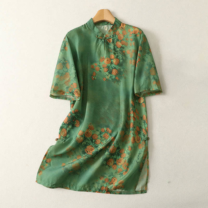 Buddha Stones Summer Floral Print Mandarin Collar Frog Button Women's Short Sleeve Mini Dress - MediumSeaGreen - US8-10，UK/AU12-14，EU40-42 (2XL) - image 0