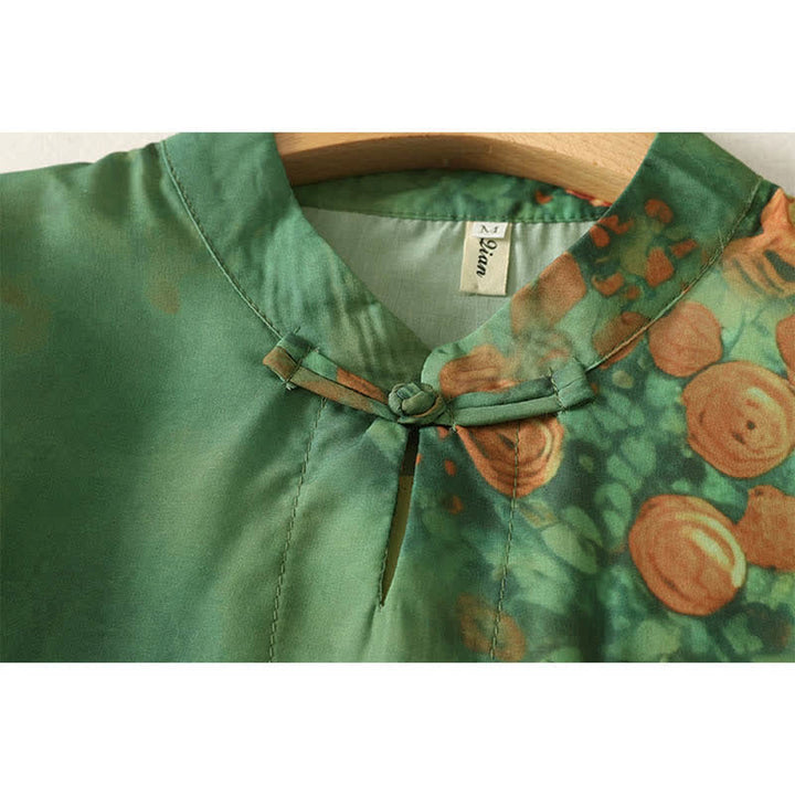 Buddha Stones Summer Floral Print Mandarin Collar Frog Button Women's Short Sleeve Mini Dress - image 3
