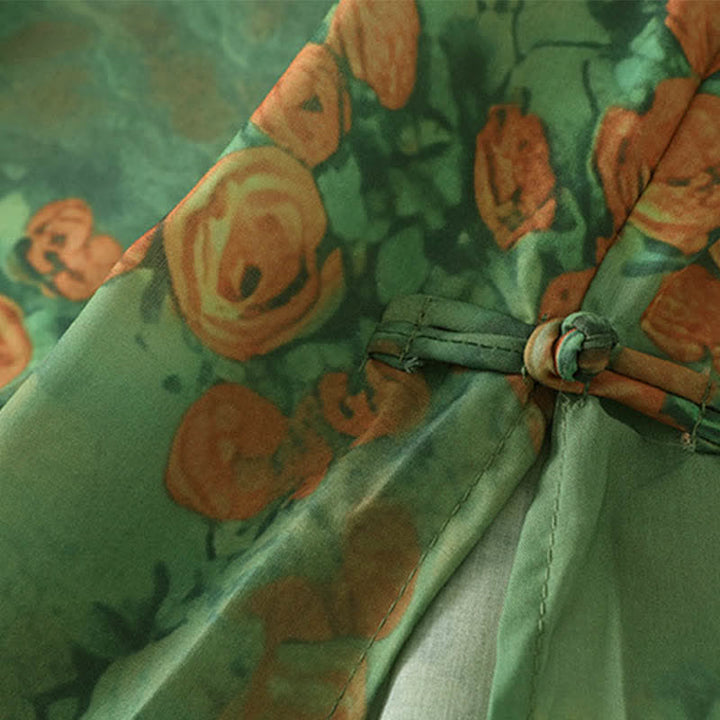 Buddha Stones Summer Floral Print Mandarin Collar Frog Button Women's Short Sleeve Mini Dress - image 5