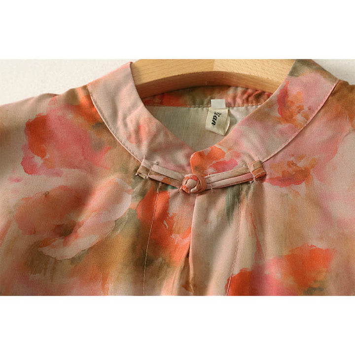Buddha Stones Summer Floral Print Mandarin Collar Frog Button Women's Short Sleeve Mini Dress - image 10