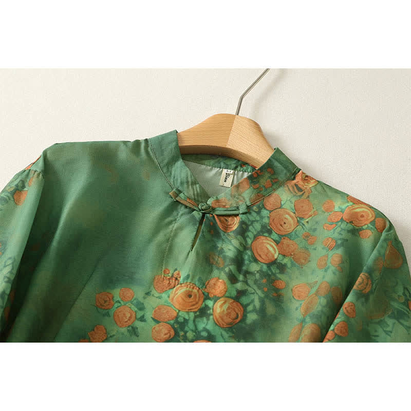 Buddha Stones Summer Floral Print Mandarin Collar Frog Button Women's Short Sleeve Mini Dress - image 2