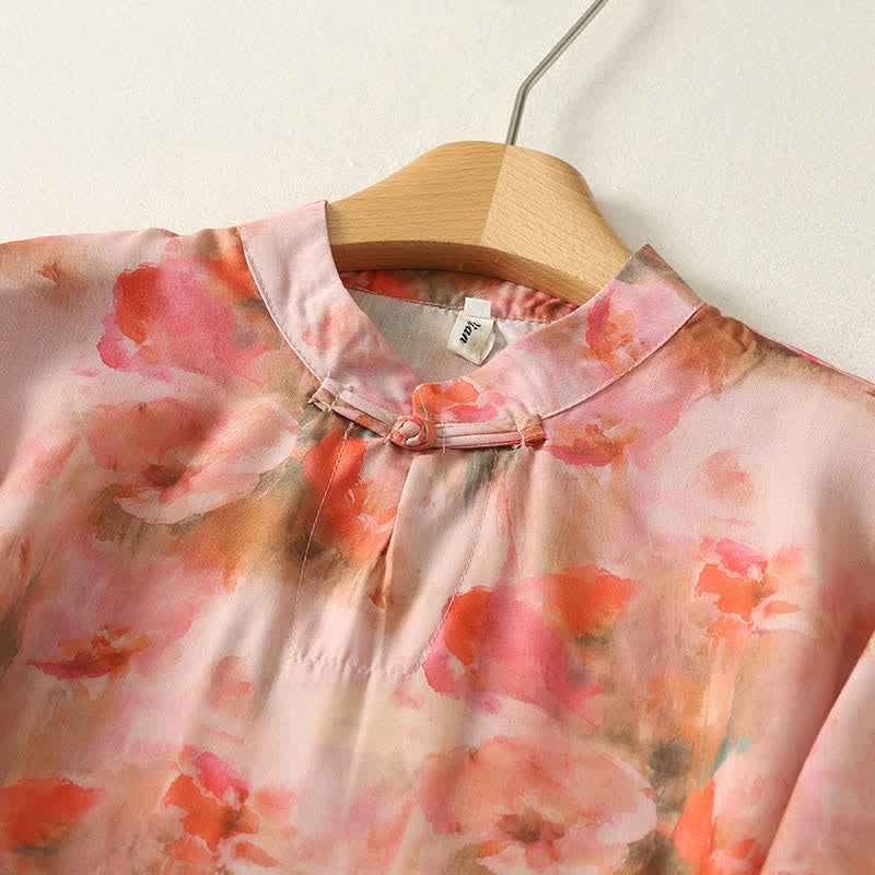 Buddha Stones Summer Floral Print Mandarin Collar Frog Button Women's Short Sleeve Mini Dress - image 9