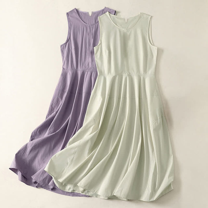 Buddha Stones Summer Cotton High Waist Women's Sleeveless Midi Dress With Pockets - image 9