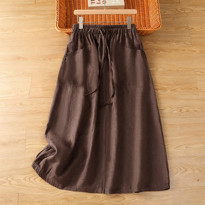 Buddha Stones Spring Casual Drawstring Solid Women's Skirts With Pockets - SaddleBrown - US8-10，UK/AU12-14，EU40-42 (2XL) - image 7