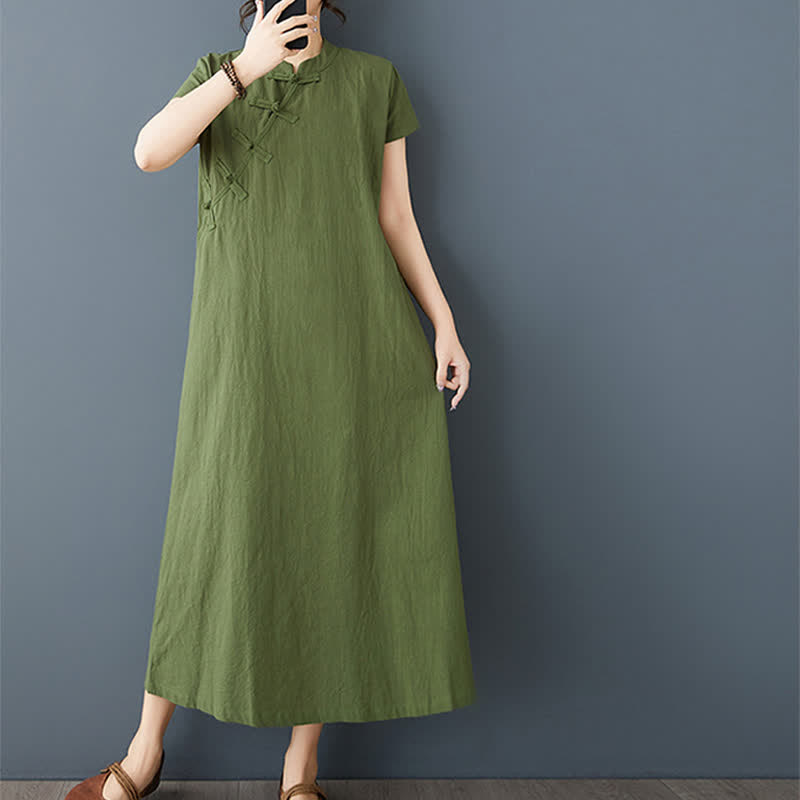 Buddha Stones Summer Minimalist Mandarin Collar Knot Button Solid Linen Women's Short Sleeve Dress With Pockets - OliveDrab - US8-10，UK/AU12-14，EU40-42 (XL) - image 0