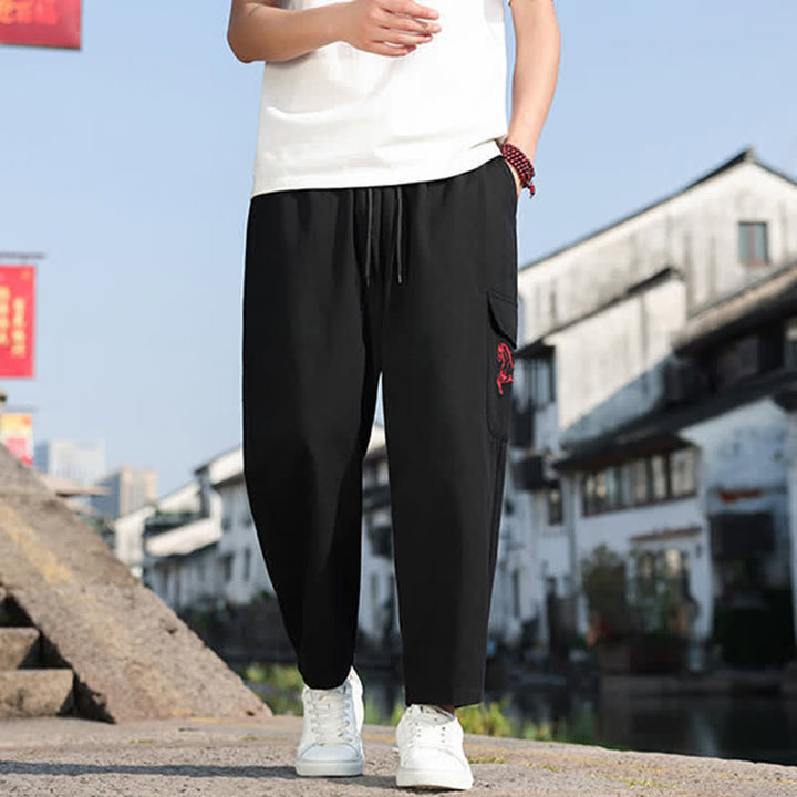 Buddha Stones Summer Casual Drawstring Embroidery Men's Harem Pants With Pockets - Black - US/UK/AU46，EU56 (5XL) - image 0