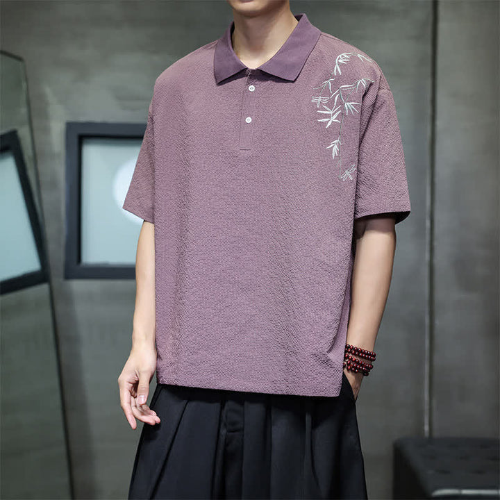 Buddha Stones Summer Casual Embroidery Solid Men's Short Sleeve Shirts - RosyBrown - US/UK/AU46，EU56 (5XL) - image 0