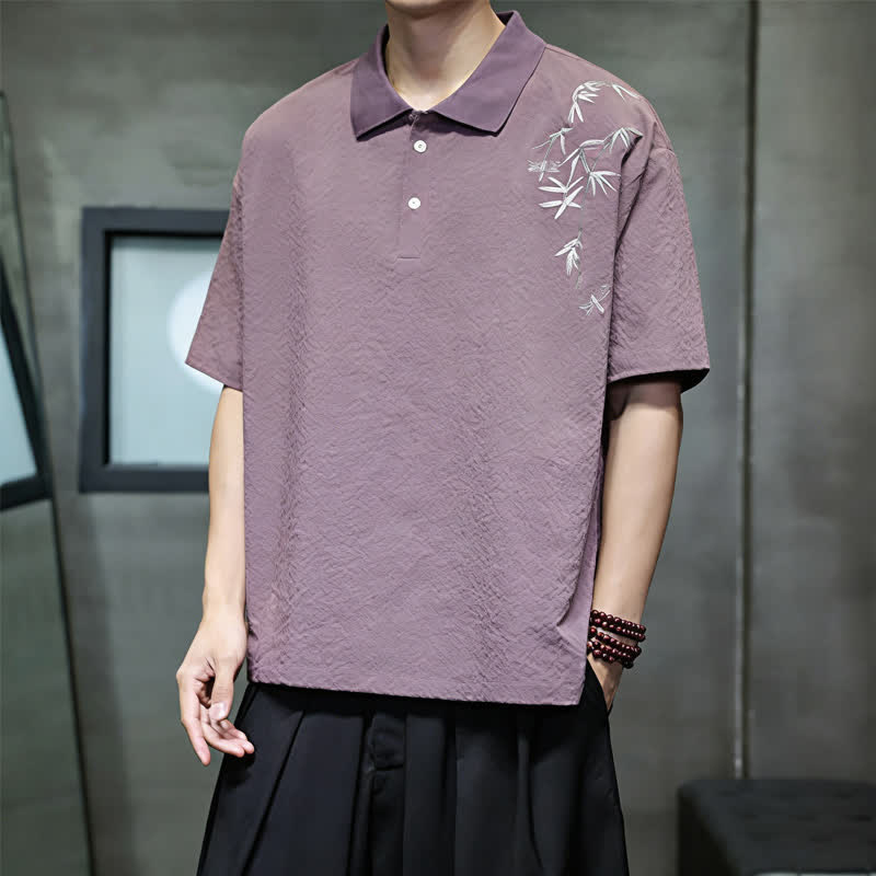 Buddha Stones Summer Casual Embroidery Solid Men's Short Sleeve Shirts - image 5