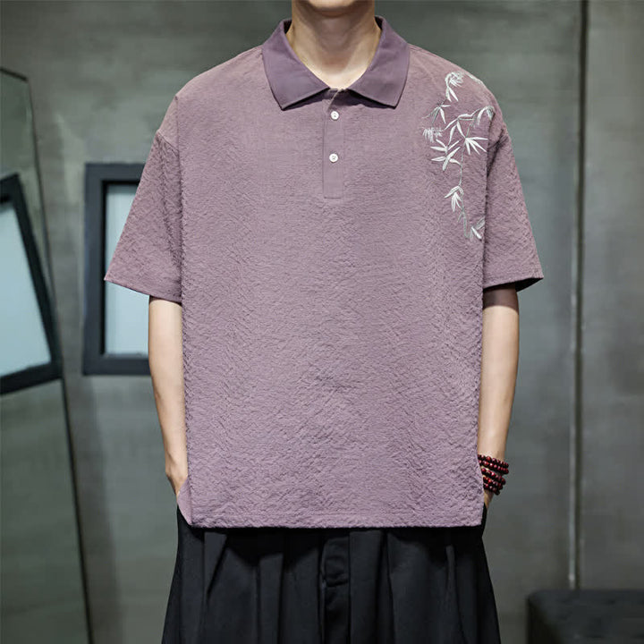 Buddha Stones Summer Casual Embroidery Solid Men's Short Sleeve Shirts - image 2