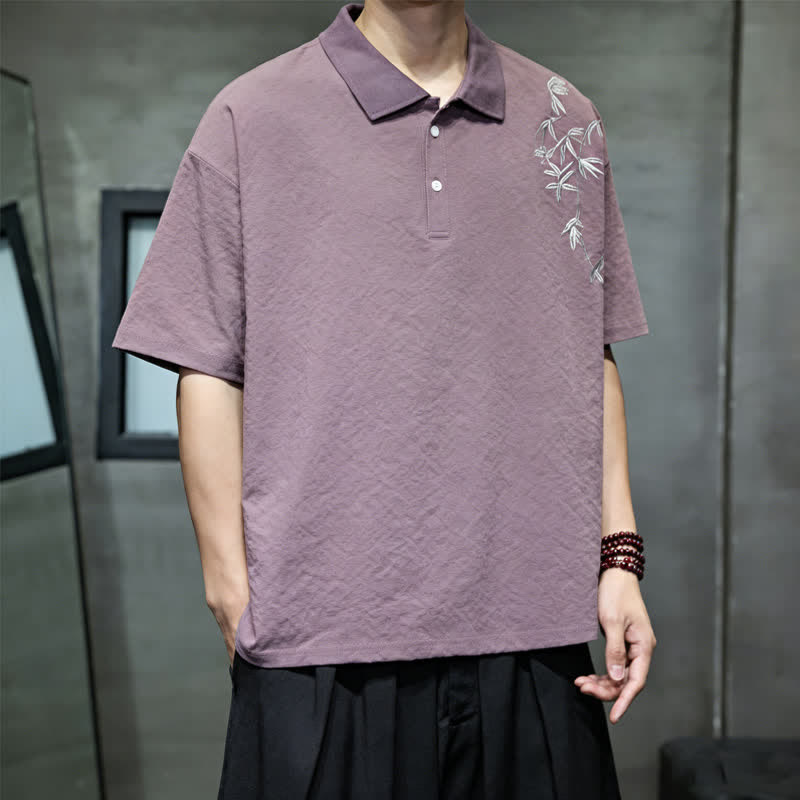 Buddha Stones Summer Casual Embroidery Solid Men's Short Sleeve Shirts - image 4