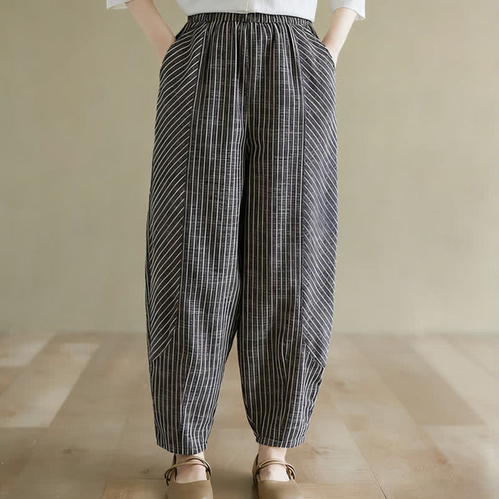 Buddha Stones Summer Casual Striped Linen Cotton Women's Tapered Pants With Pockets - image 2