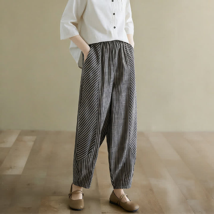 Buddha Stones Summer Casual Striped Linen Cotton Women's Tapered Pants With Pockets - Black - US8-10，UK/AU12-14，EU40-42 (2XL) - image 0