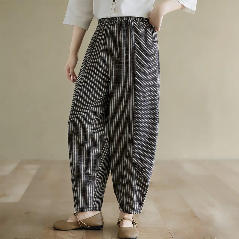 Buddha Stones Summer Casual Striped Linen Cotton Women's Tapered Pants With Pockets - image 4