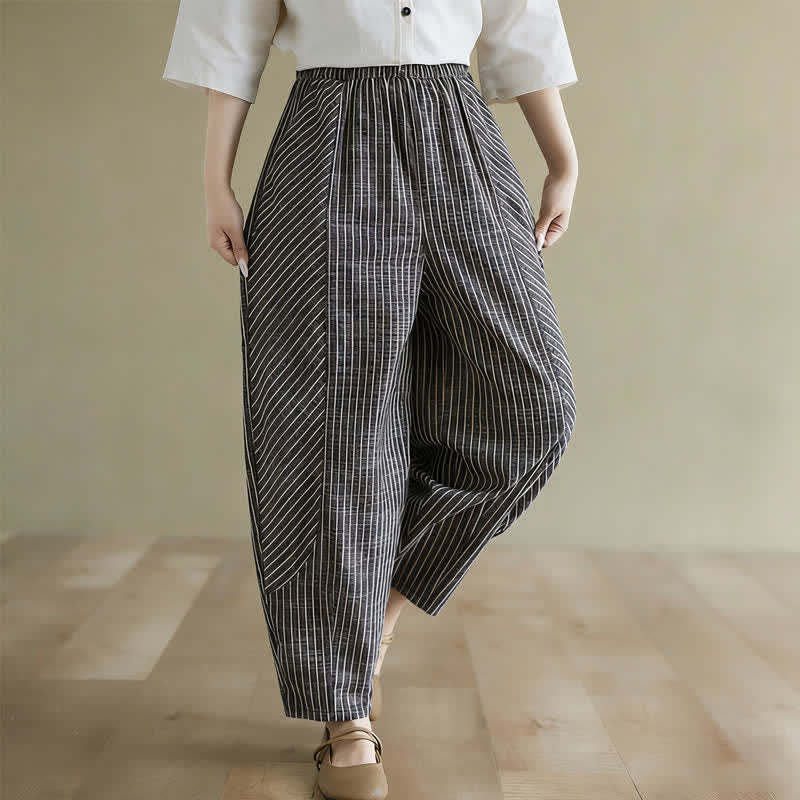Buddha Stones Summer Casual Striped Linen Cotton Women's Tapered Pants With Pockets - image 5
