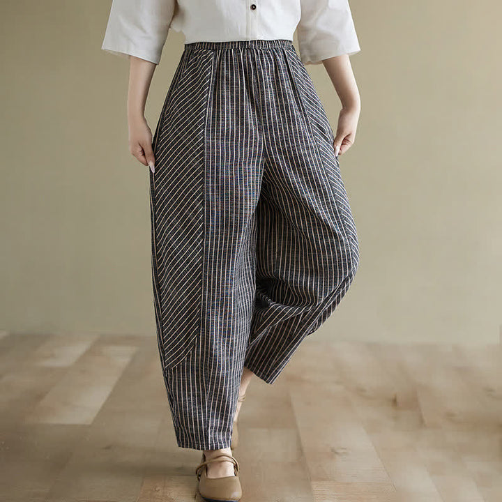 Buddha Stones Summer Casual Striped Linen Cotton Women's Tapered Pants With Pockets - image 3