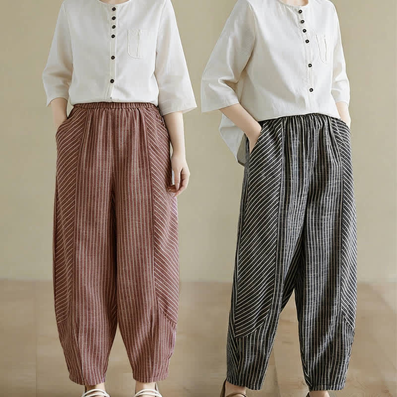 Buddha Stones Summer Casual Striped Linen Cotton Women's Tapered Pants With Pockets - image 17