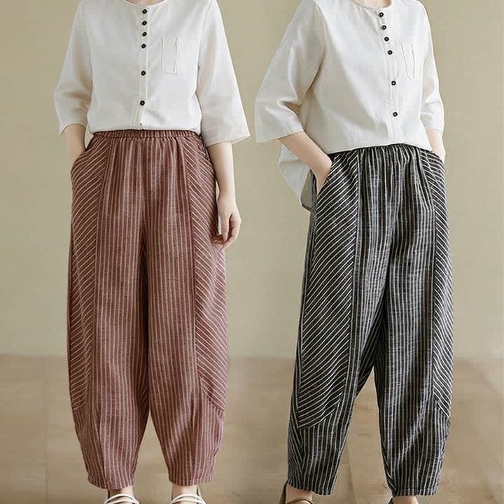 Buddha Stones Summer Casual Striped Linen Cotton Women's Tapered Pants With Pockets - image 17