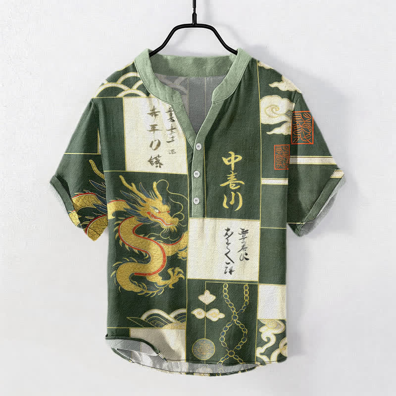 Buddha Stones Cotton Golden Dragon Cloud Wave Emblem Men's Short Sleeve Half Button Shirt - SeaGreen - US/UK/AU50，EU60 (5XL) - image 0