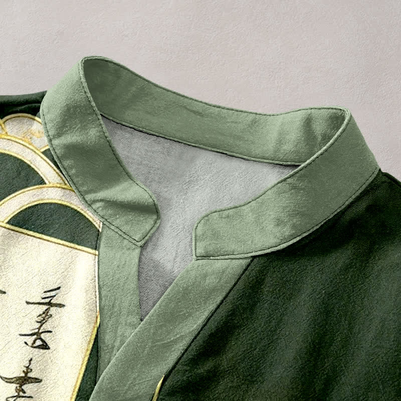 Buddha Stones Cotton Golden Dragon Cloud Wave Emblem Men's Short Sleeve Half Button Shirt - image 2