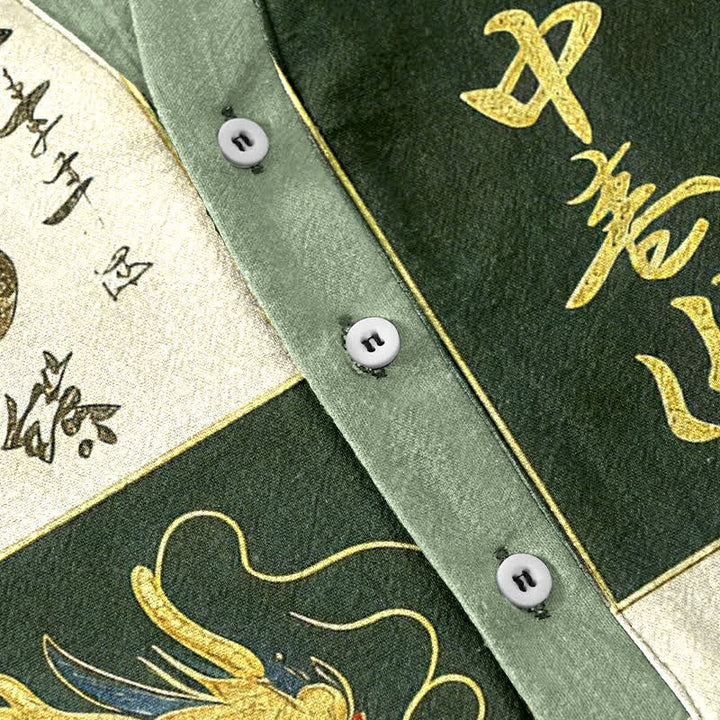 Buddha Stones Cotton Golden Dragon Cloud Wave Emblem Men's Short Sleeve Half Button Shirt - image 3