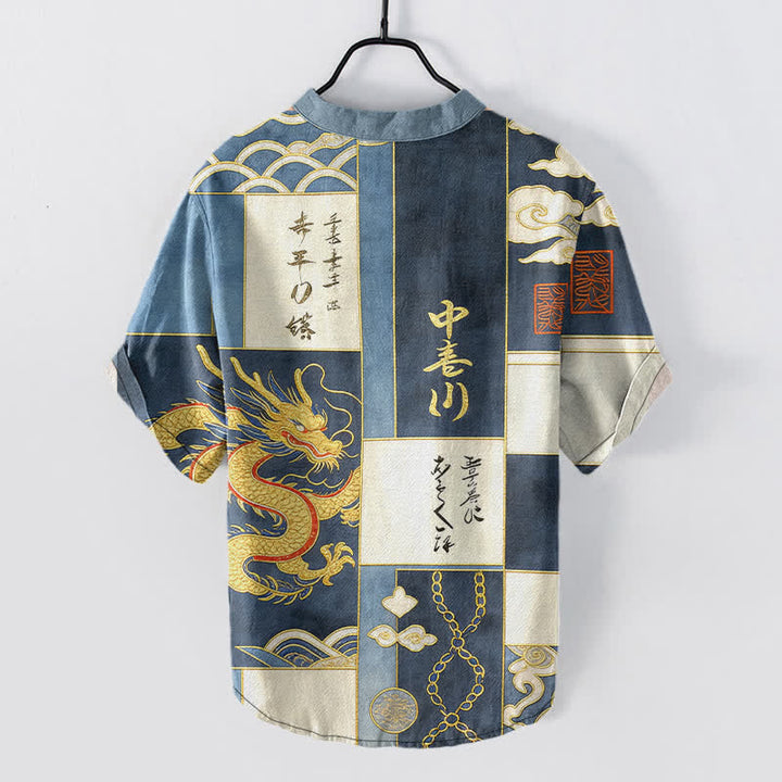 Buddha Stones Cotton Golden Dragon Cloud Wave Emblem Men's Short Sleeve Half Button Shirt - image 6