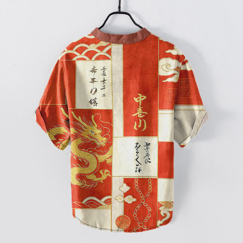 Buddha Stones Cotton Golden Dragon Cloud Wave Emblem Men's Short Sleeve Half Button Shirt - image 8