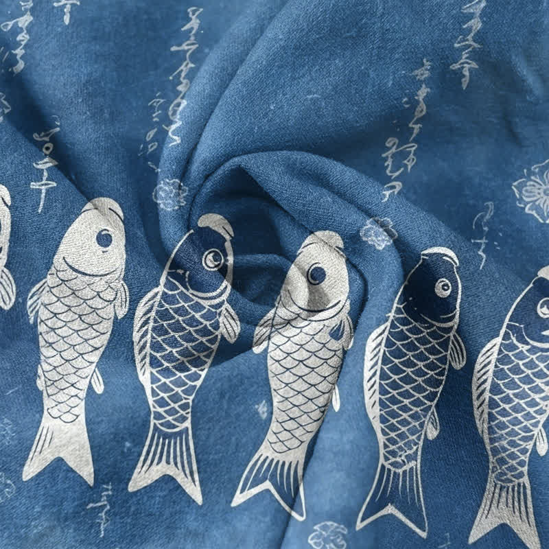 Buddha Stones Cotton Koi Fish Emblem Men's Short Sleeve Half Button Shirt - image 2