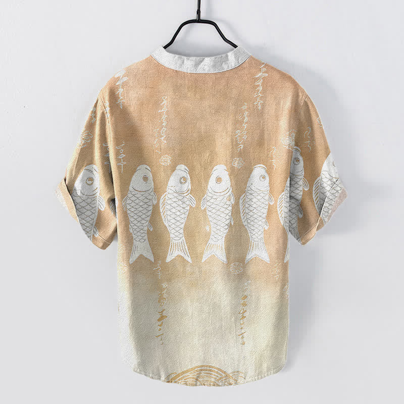 Buddha Stones Cotton Koi Fish Emblem Men's Short Sleeve Half Button Shirt - image 6