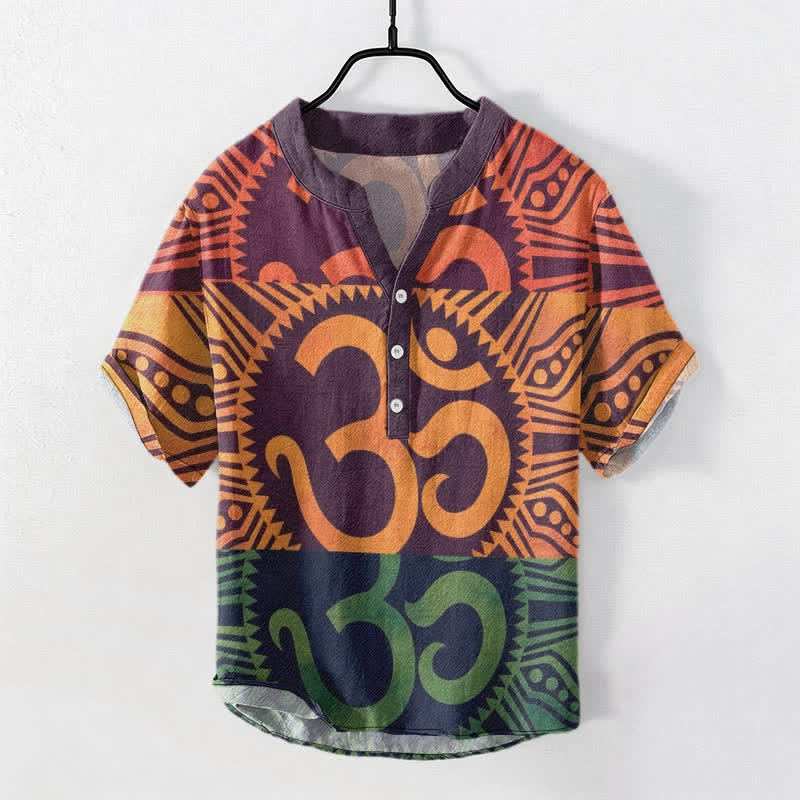 Buddha Stones Cotton Om Emblem Men's Short Sleeve Half Button Shirt - DarkViolet - US/UK/AU50，EU60 (5XL) - image 0