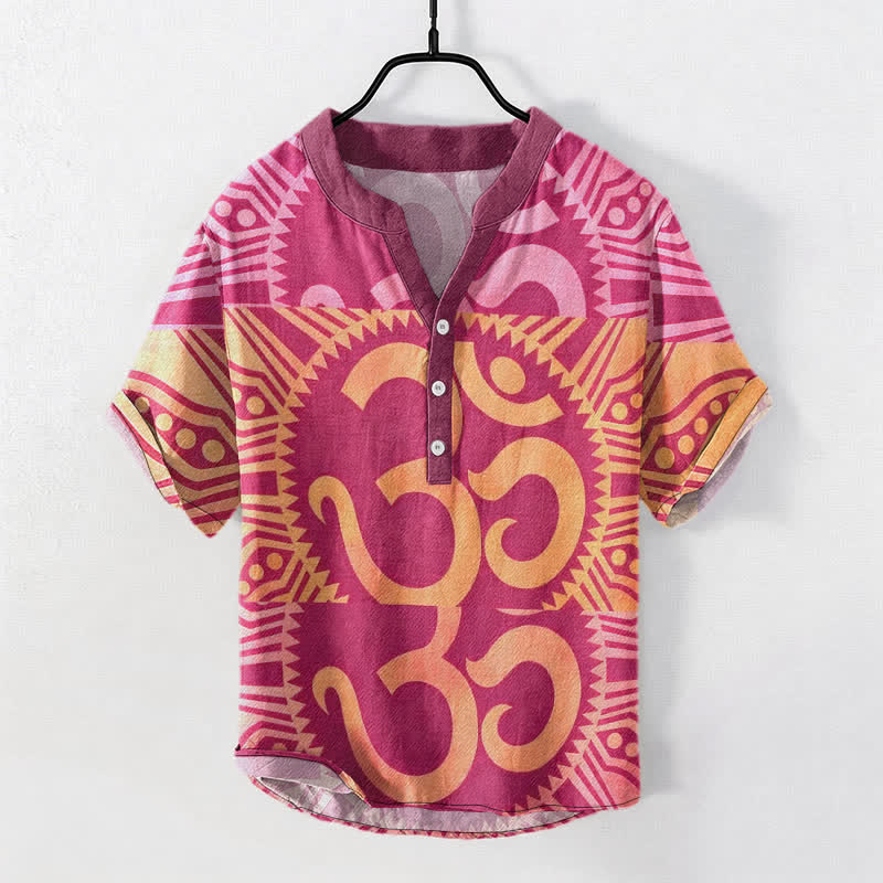 Buddha Stones Cotton Om Emblem Men's Short Sleeve Half Button Shirt - HotPink - US/UK/AU50，EU60 (5XL) - image 6