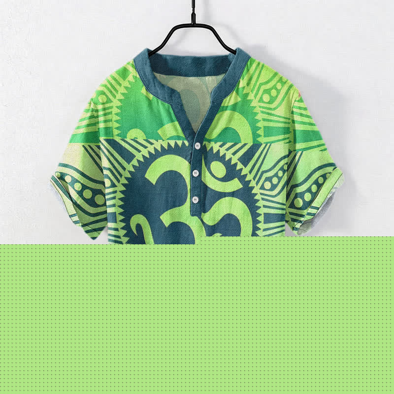 Buddha Stones Cotton Om Emblem Men's Short Sleeve Half Button Shirt - Chartreuse - US/UK/AU50，EU60 (5XL) - image 4