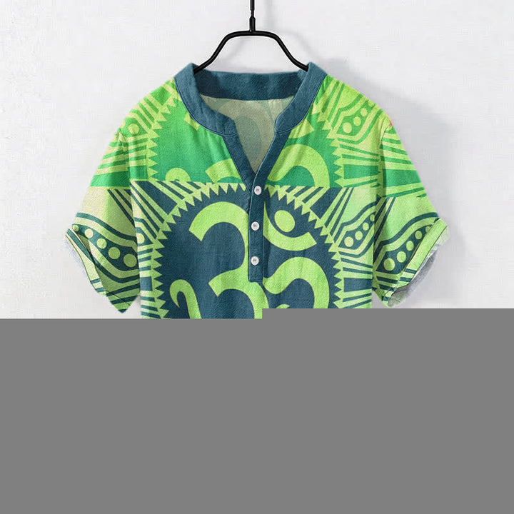 Buddha Stones Cotton Om Emblem Men's Short Sleeve Half Button Shirt - Chartreuse - US/UK/AU50，EU60 (5XL) - image 4