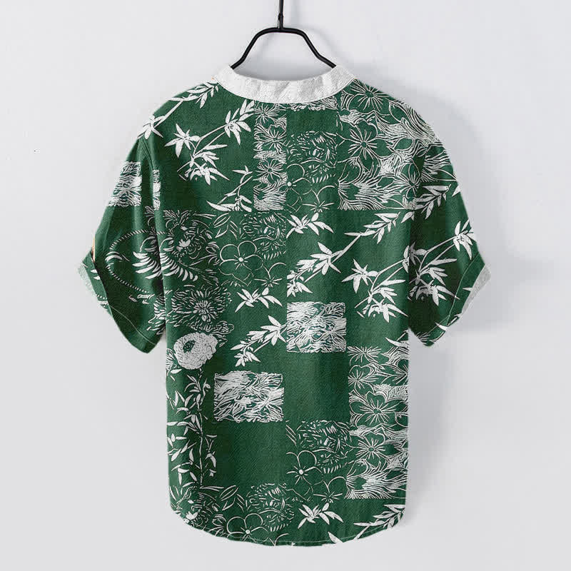 Buddha Stones Cotton Bamboo Plum Emblem Men's Short Sleeve Half Button Shirt - image 1