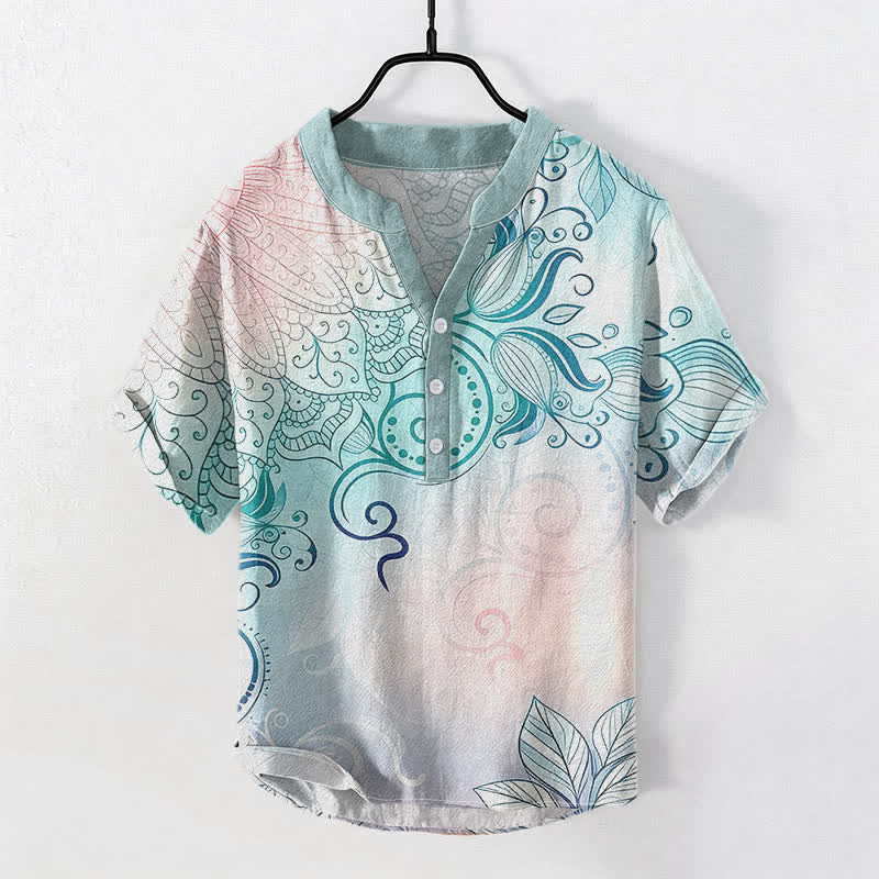 Buddha Stones Cotton Mandala Floral Emblem Men's Short Sleeve Half Button Shirt - MediumTurquoise - US/UK/AU50，EU60 (5XL) - image 0