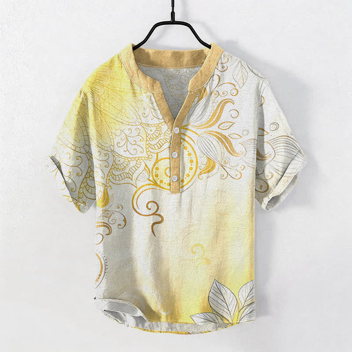 Buddha Stones Cotton Mandala Floral Emblem Men's Short Sleeve Half Button Shirt - Khaki - US/UK/AU50，EU60 (5XL) - image 5