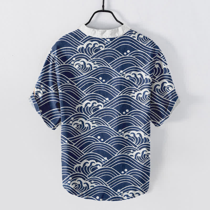 Buddha Stones Cotton Wave Emblem Men's Short Sleeve Half Button Shirt - image 1