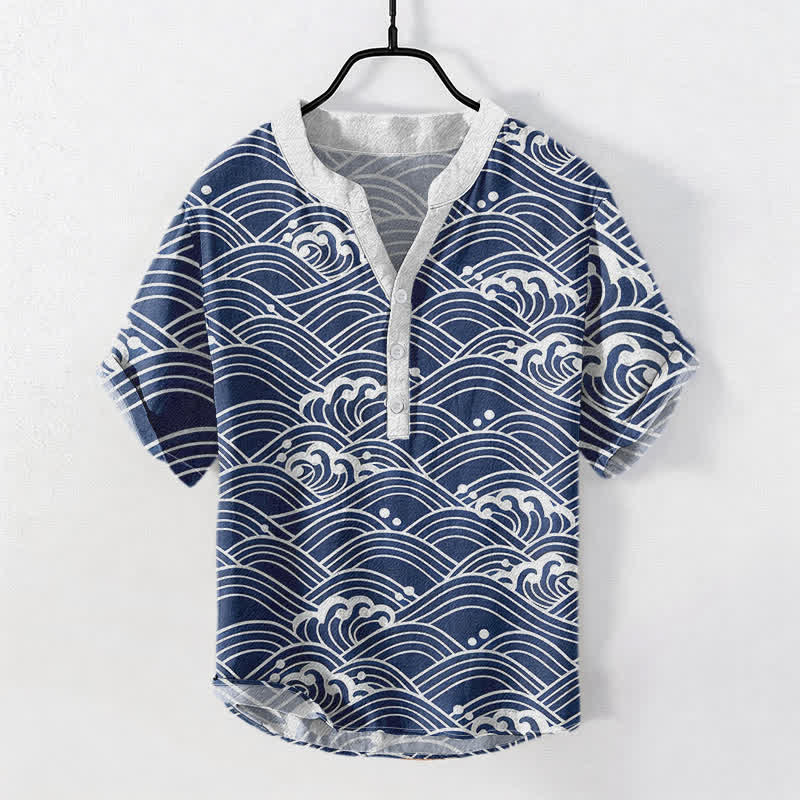 Buddha Stones Cotton Wave Emblem Men's Short Sleeve Half Button Shirt - SteelBlue - US/UK/AU50，EU60 (5XL) - image 0