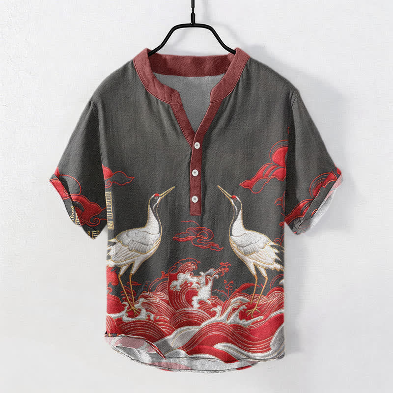 Buddha Stones Cotton Crane Wave Emblem Men's Short Sleeve Half Button Shirt - Black - US/UK/AU50，EU60 (5XL) - image 4