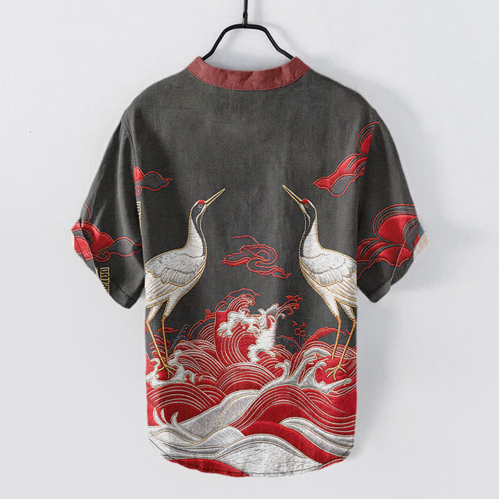 Buddha Stones Cotton Crane Wave Emblem Men's Short Sleeve Half Button Shirt - image 5